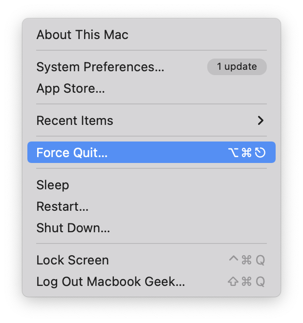 Force Quit Menu From Apple Icon Top Left