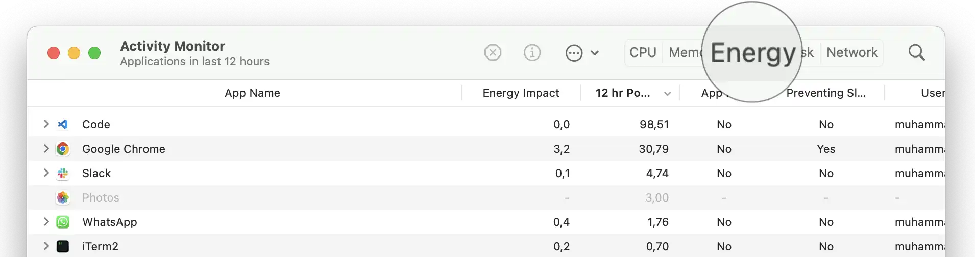 Select Energy Tab on Activity Monitor